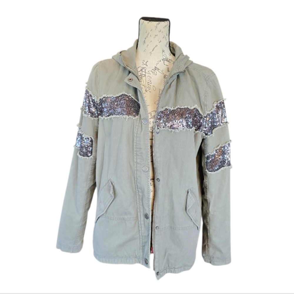 Coffee Shop New York Olive Green Sequin Hooded Snap Zip Jacket L